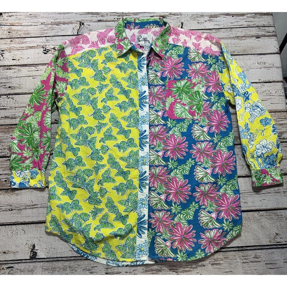 Vintage Lilly Pulitzer Women's White Label Mixed Print Button Up Shirt Size XL